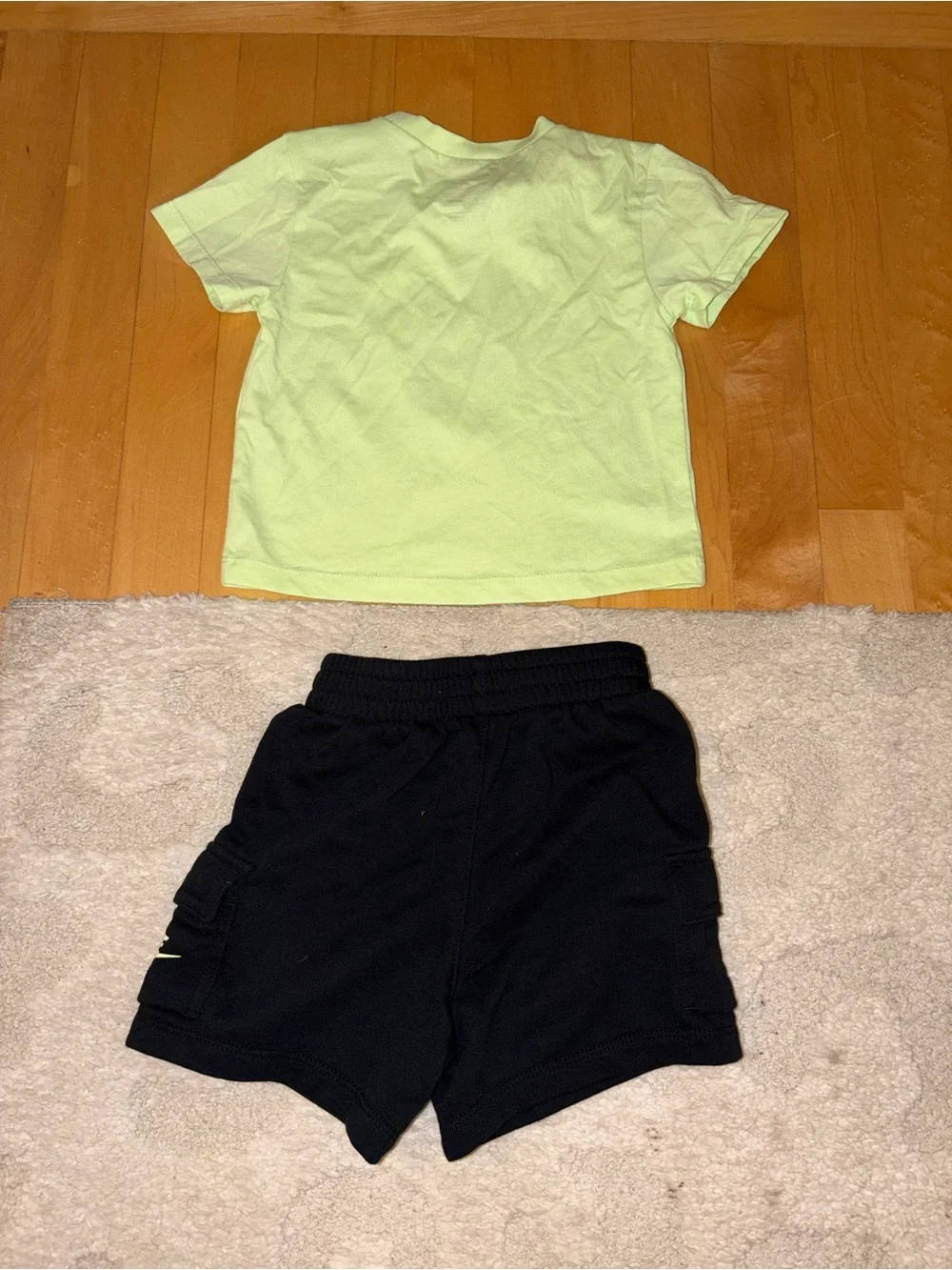 24 MTHS Nike Kids Black Cargo Shorts Neon Green Logo and Matching Neon T Shirt
